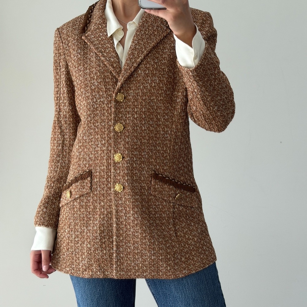 St John Tweed Jacket 12 Brown Textured Knit Gold Button Fringe Equestrian Luxury - Picture 4 of 16